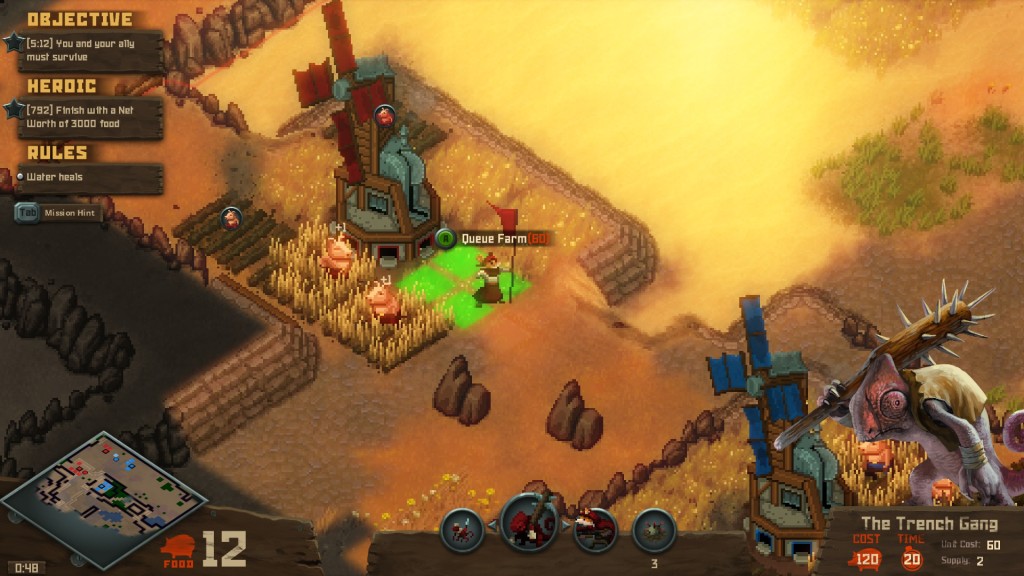 An anthropomorphic rat holds a red banner in front of a stone windmill, surrounded by farming swine as she overlooks a golden field. The game’s UI shows the currently selected units as "The Trench Gang" - a group of red, mask-wearing chameleons wielding spiked clubs.