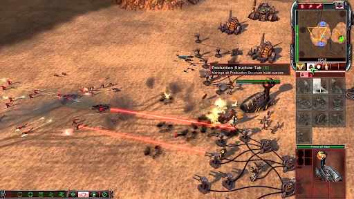 Dozens of troops and ground vehicles engage in a firefight across a desert.