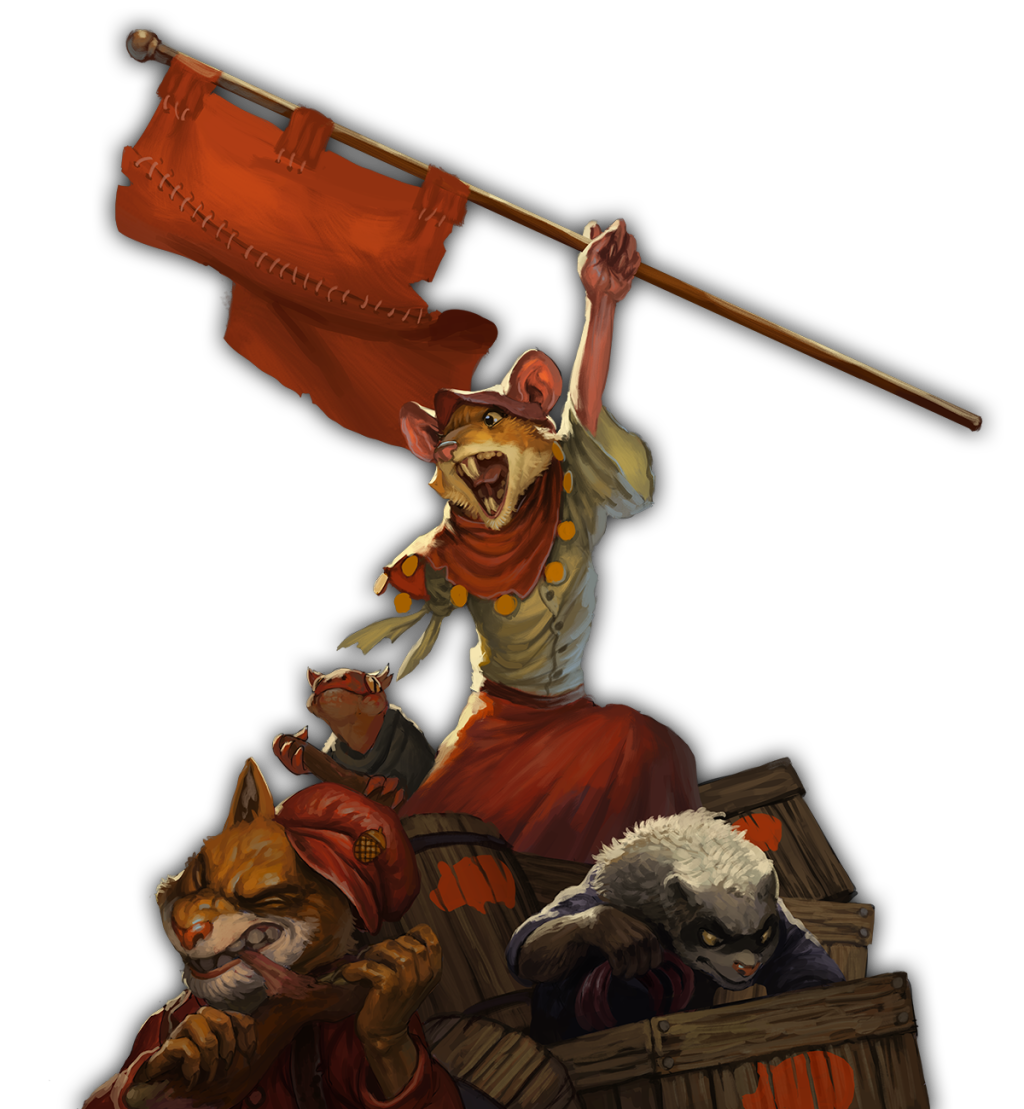 A picture of Hopper, the one-armed, banner-wielding mouse (?) from Tooth and Tail (2017), standing atop a ragtag crew of animal troops.