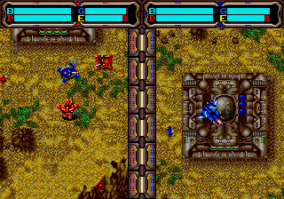 A bisected image. On the left, several robots march around a grassy field. On the right, a mech flies across a parge fortress.