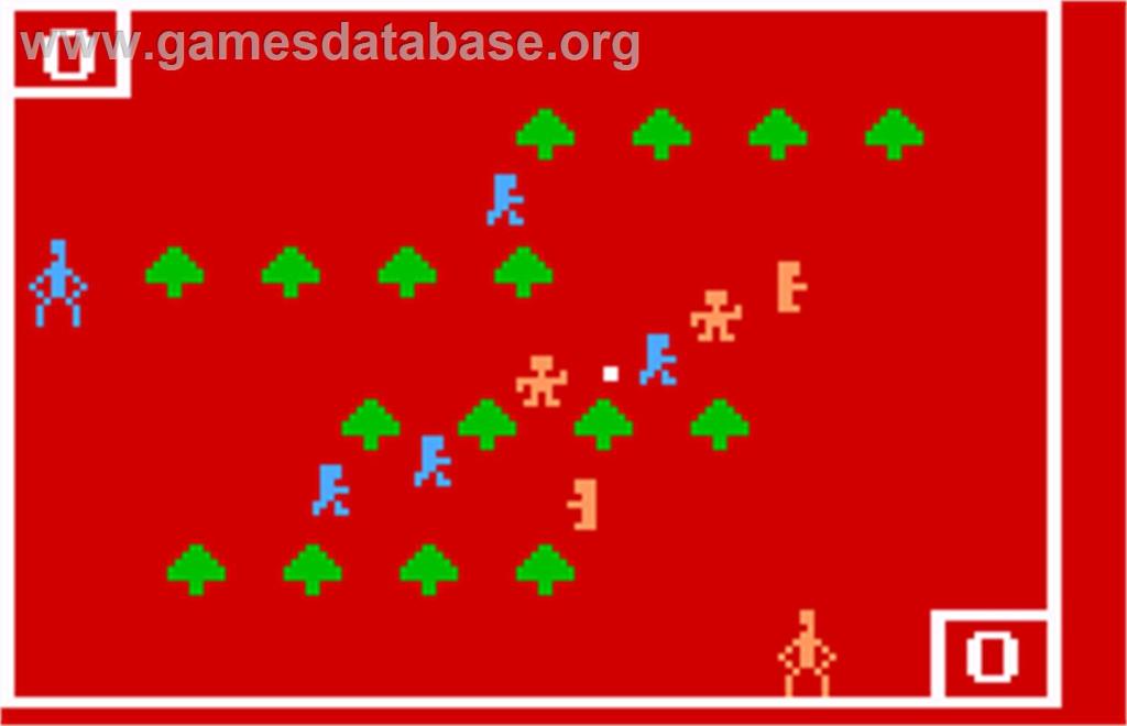 A bright red screen, dotted with little green trees and tiny stick figures