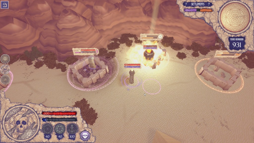 A large ray of sunlight descends from the heavens, obliterating an ancient city an a blast of golden fire.